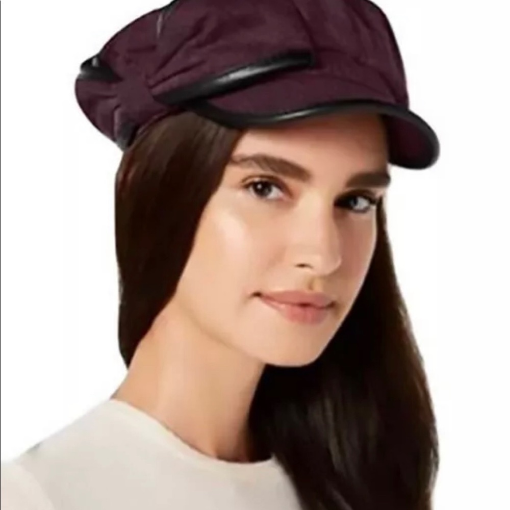 INC Hat Wine Flannel & Vegan-Leather Newsboy Cap Side Bow Wool-Blend Adjustable